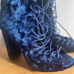 Crushed Electric Blue Velvet Open Toe Booties /Heels